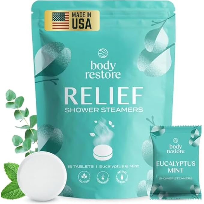 Body Restore Essential Oil Shower Steamer Set, 15 Mint and Eucalyptus Scented Aromatherapy Shower Steamers 30g, Vapor Steam Tablets, Relaxation Gifts for Women, - Image 1